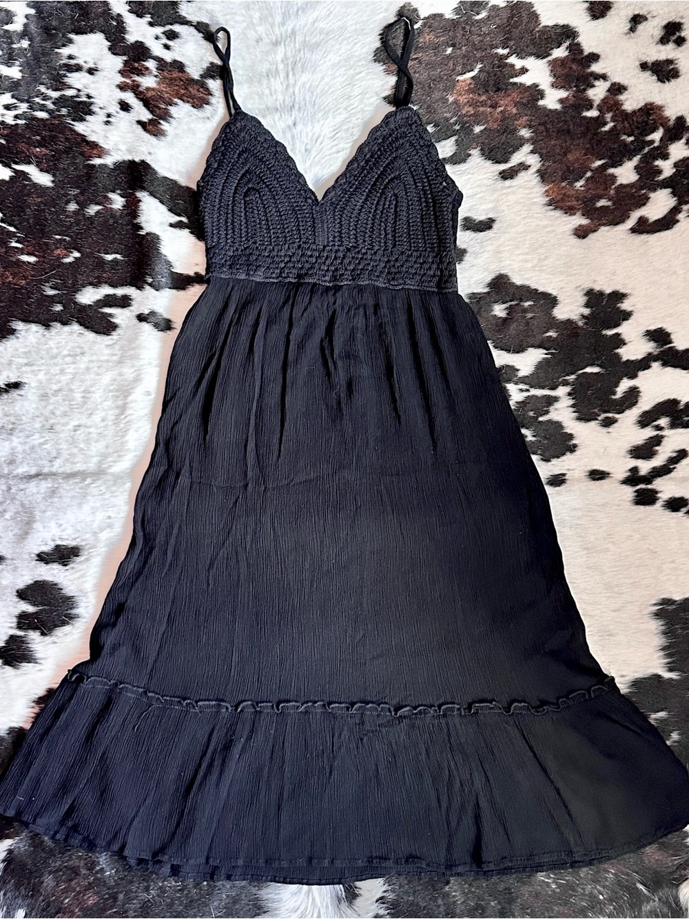 Black Sleeveless Spaghetti Strap Midi Dress with Crochet Bust Size Medium